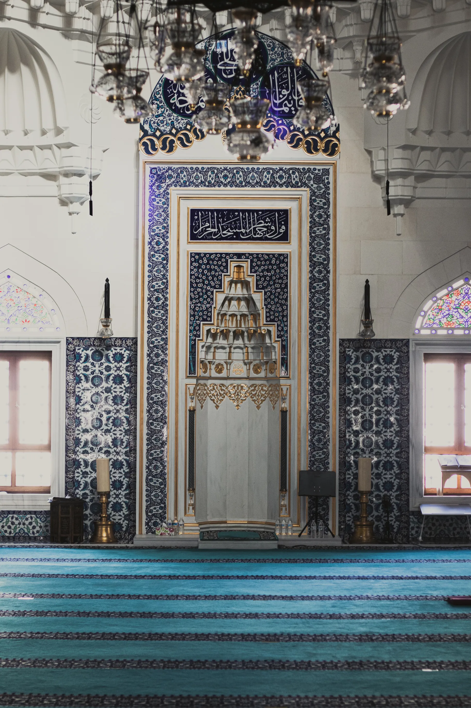 A mosque mihrab framed in blue and white Iznik tilework